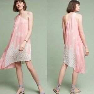 NWT Anthropologie Maeve Avalonne‎ One-Shoulder Pink Silk Dress, Size 12